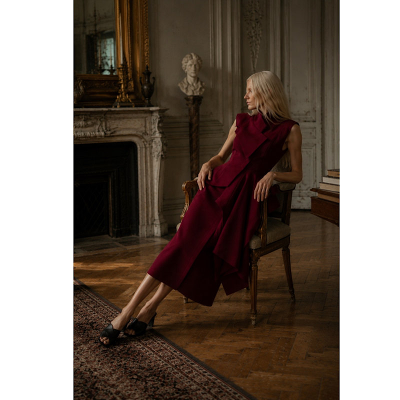 Thumbnail of Sleeveless Button-Front Draped Midi Dress - Burgundy image