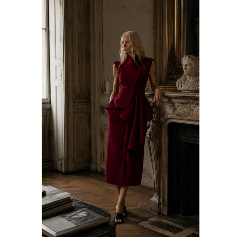 Thumbnail of Sleeveless Button-Front Draped Midi Dress - Burgundy image