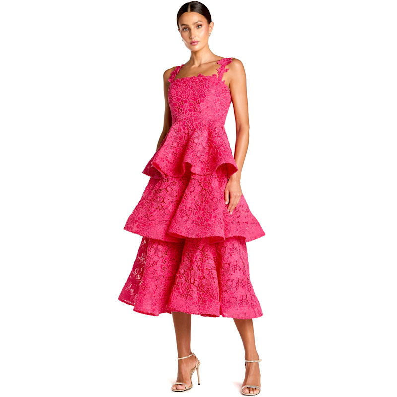 Sleeveless Embroidered Lace Ruffle Midi Dress | Mac Duggal | Wolf & Badger