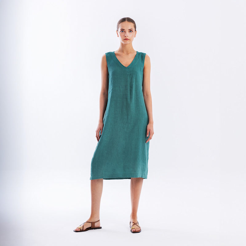 Sleeveless Linen Dress With Elastic Band Emerald | Haris Cotton