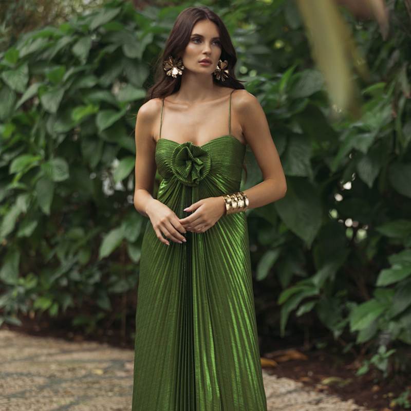 Thumbnail of Sleeveless Metallic Pleated Gown With Flower Accent - Green image