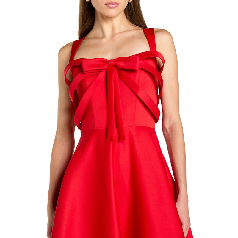 Sleeveless Satin A-Line Midi Dress With Bow | Mac Duggal | Wolf & Badger