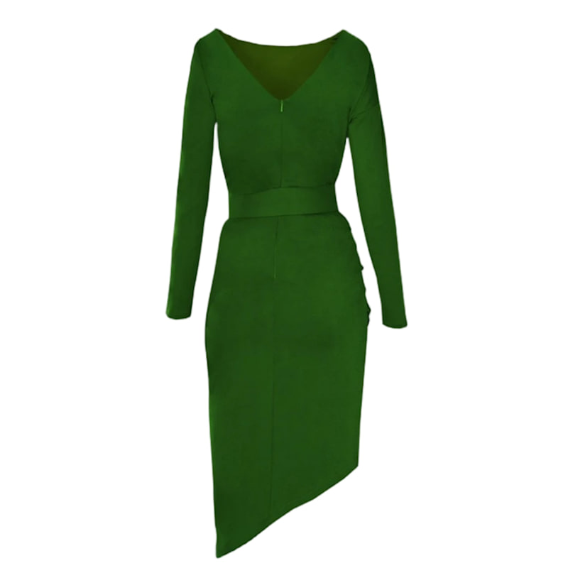 Thumbnail of Slide  Green Midi Cocktail Dress With Asymmetric Skirt And Textile Belt image