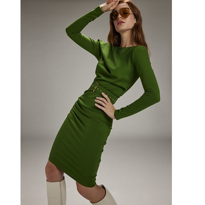 Thumbnail of Slide  Green Midi Cocktail Dress With Asymmetric Skirt And Textile Belt image
