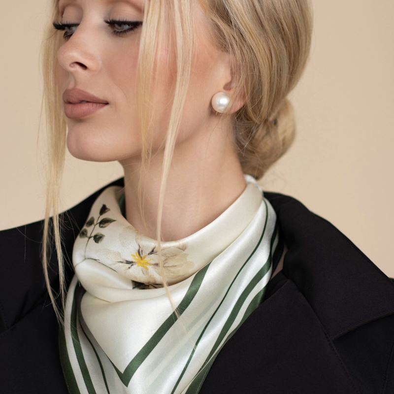 Thumbnail of Small Beige Minimal Floral Natural Silk Scarf image