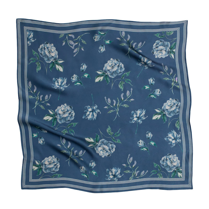 Thumbnail of Small Blue Floral Print Natural Silk Scarf image