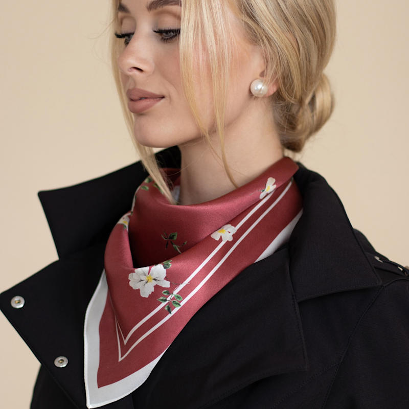 Thumbnail of Small Red Floral Print Natural Silk Scarf image
