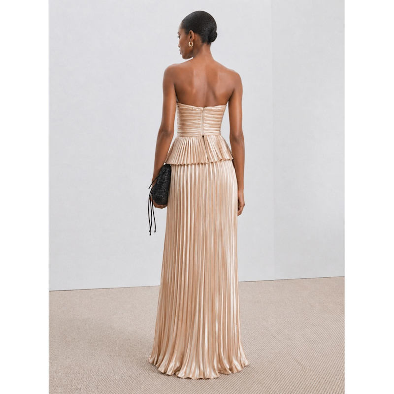 Sofia Pleated Maxi Dress Champagne | Curated Row | Wolf & Badger