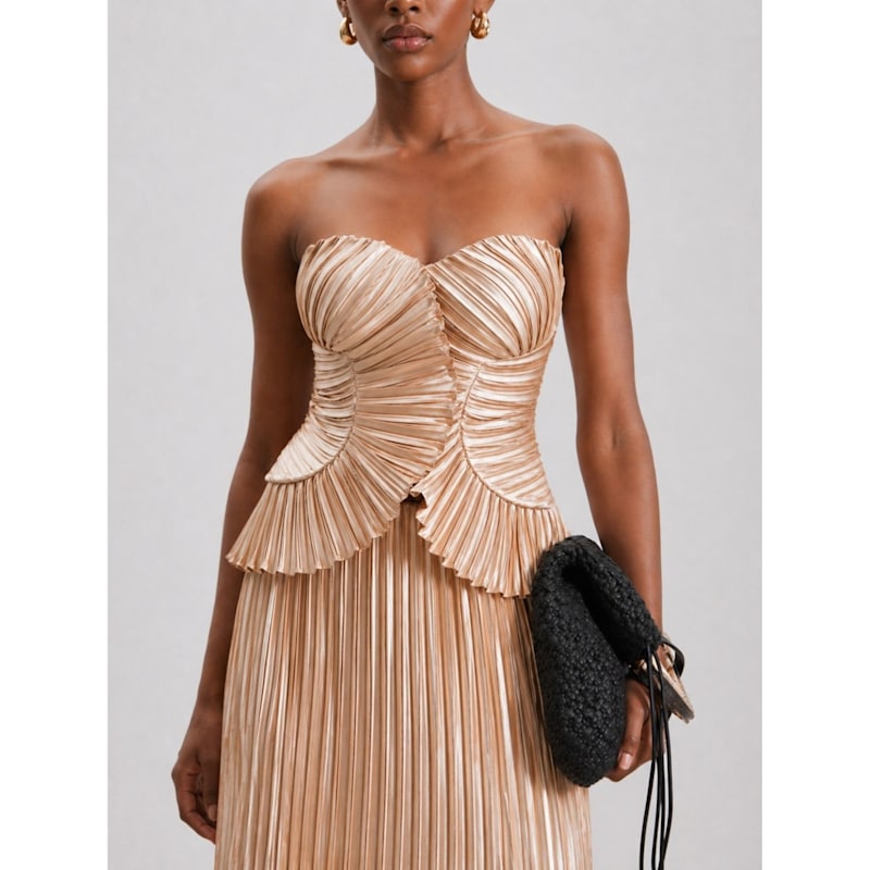 Sofia Pleated Maxi Dress Champagne by Curated Row