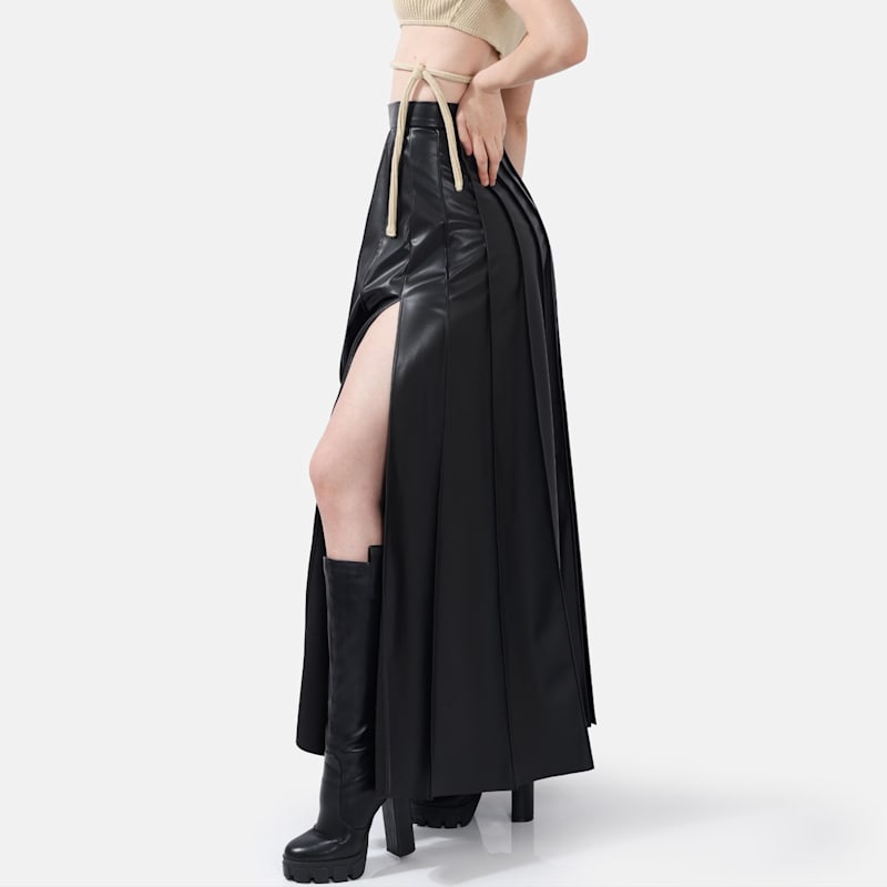 Pleated Print Maxi Skirt With Leather Waist Band