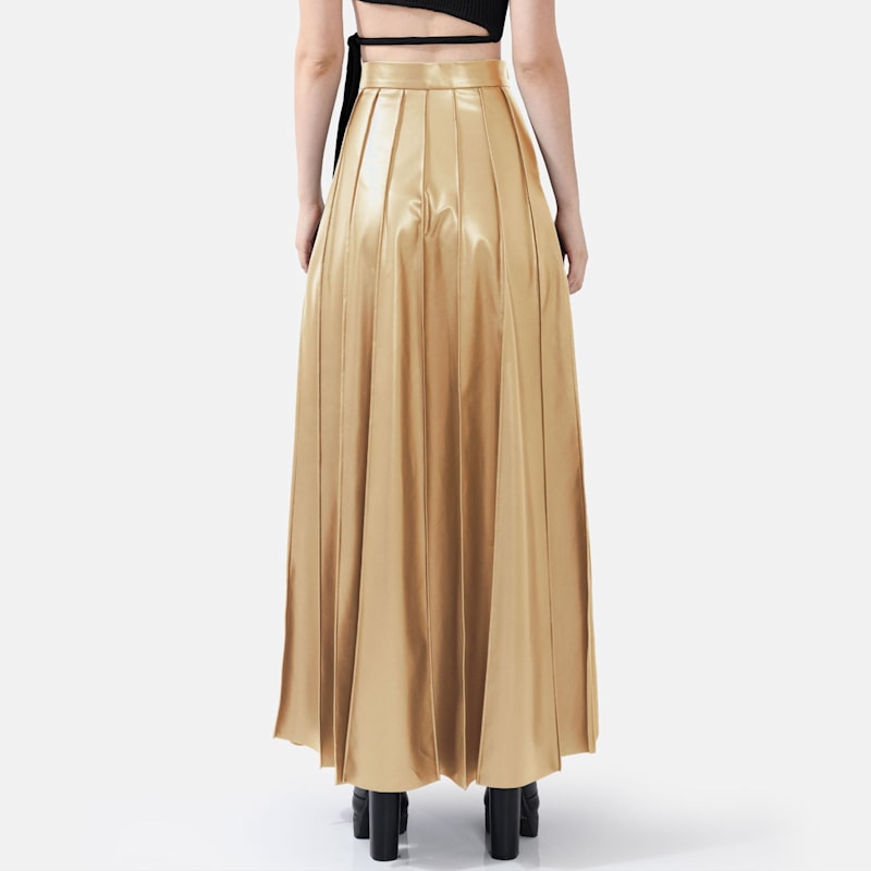 Thumbnail of Gold Leather Maxi Skirt – Pleated Faux, High Waist image