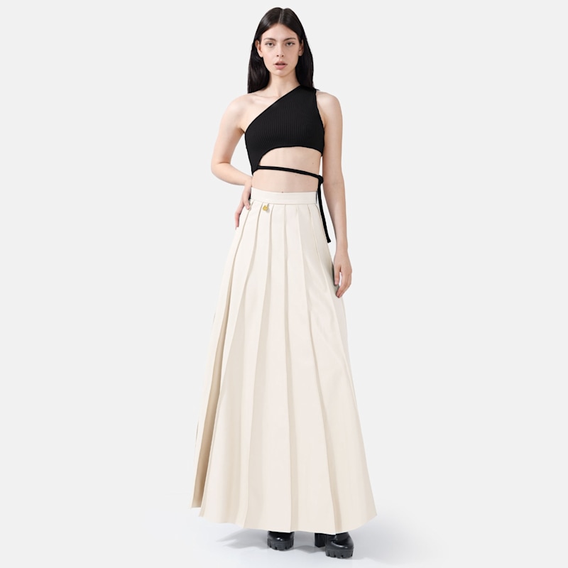 White Leather Maxi Skirt – Pleated Faux, High Waist | Kargede