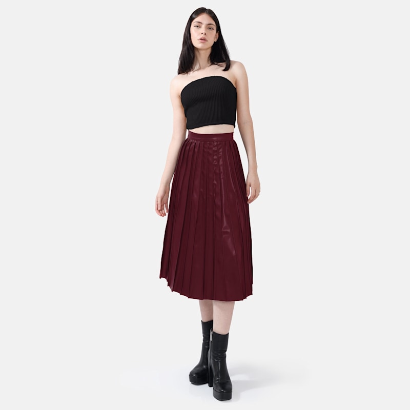 Burgundy Leather Midi Skirt – Pleated Faux, High Waist by Kargede