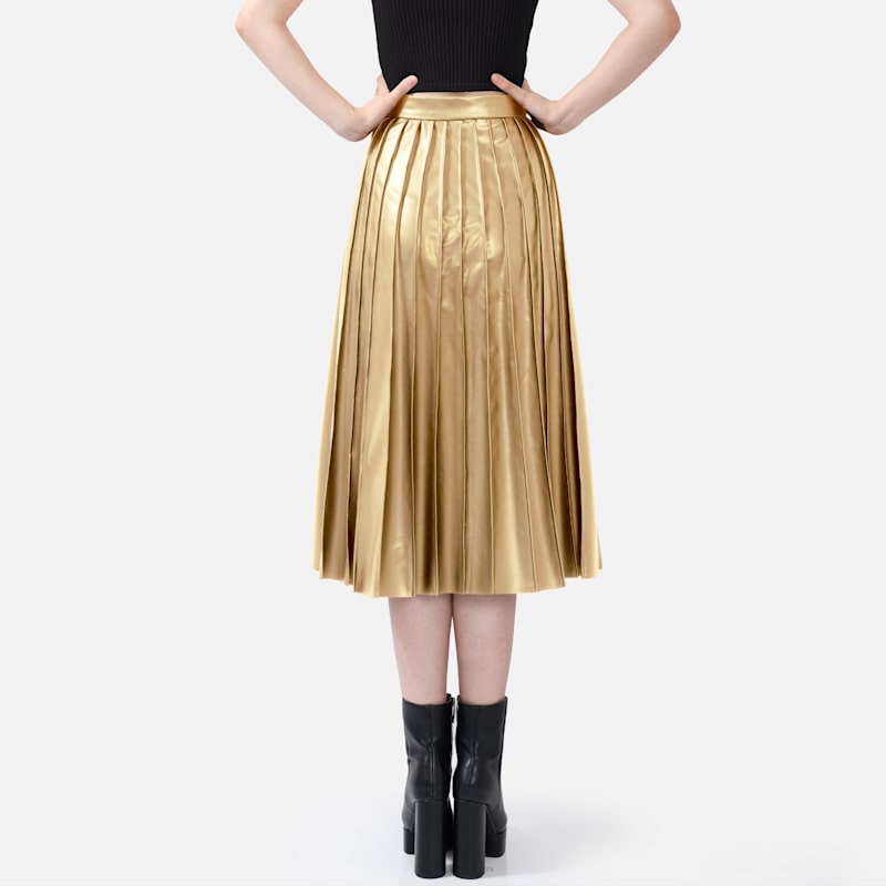Thumbnail of Gold Leather Midi Skirt – Pleated Faux, High Waist image