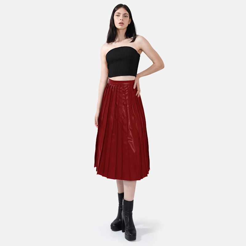 Red Leather Midi Skirt  Pleated Faux, High Waist | Kargede | Wolf & Badger