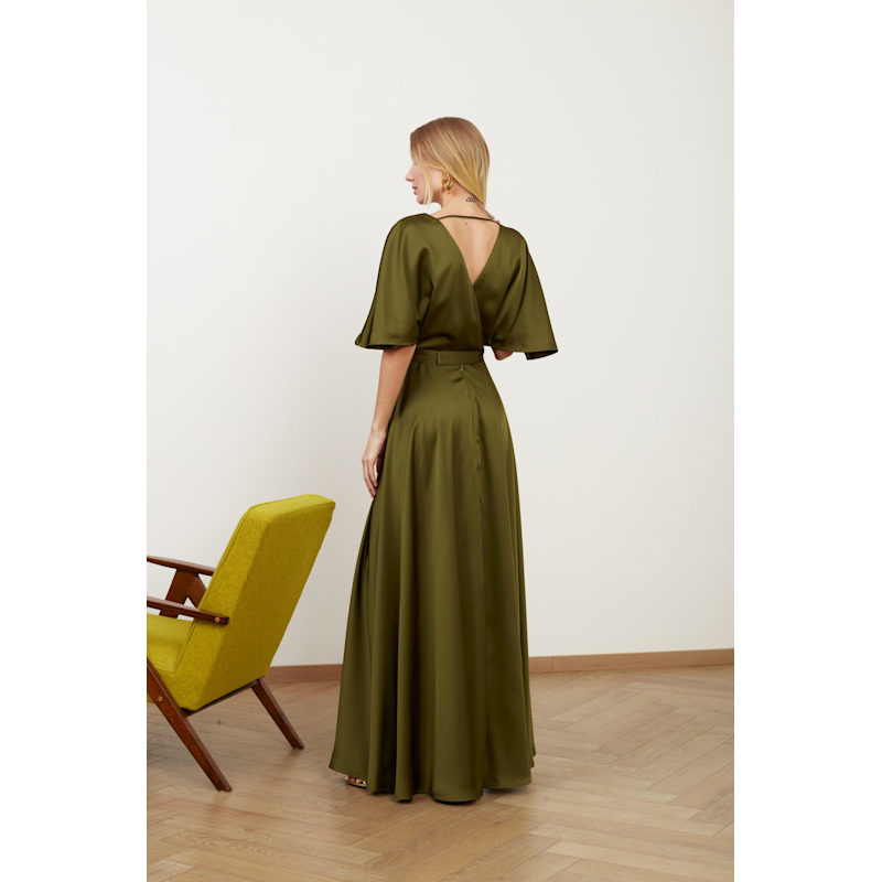 Women's Solene Olive Green Satin Long Dress for Wedding Guest | Extra Small | Undress Solene Olive Green Satin Long Dress For Wedding Guest | UNDRESS | Wolf \u0026  Badger