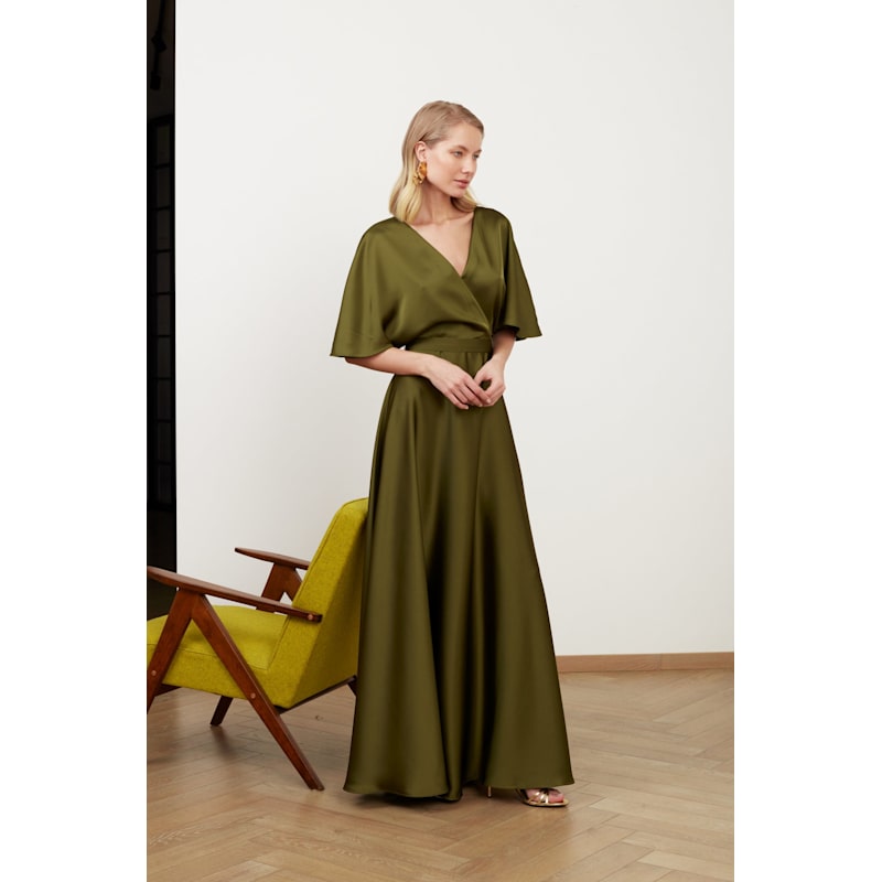 Solene Olive Green Satin Long Dress For Wedding Guest UNDRESS