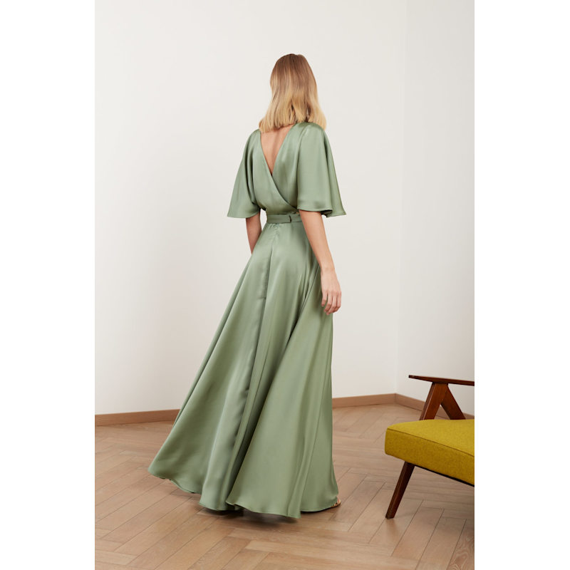 Solene Sage Green Satin Long Wedding Guest Dress by UNDRESS