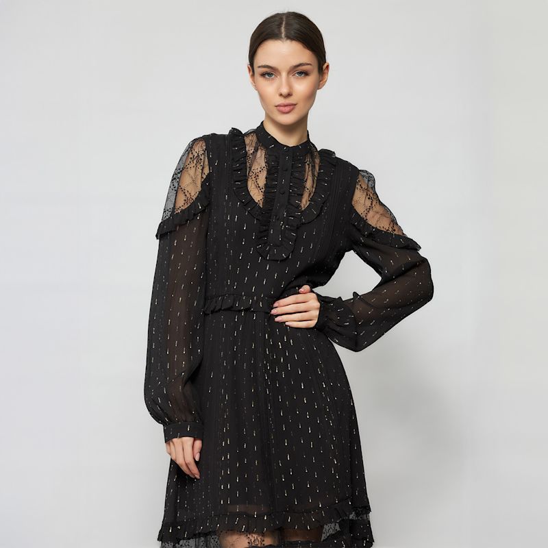 burgundy dress with rose gold accessories Black Asymmetrical Ruffle Dress with Gold Accent XS / US 0-2