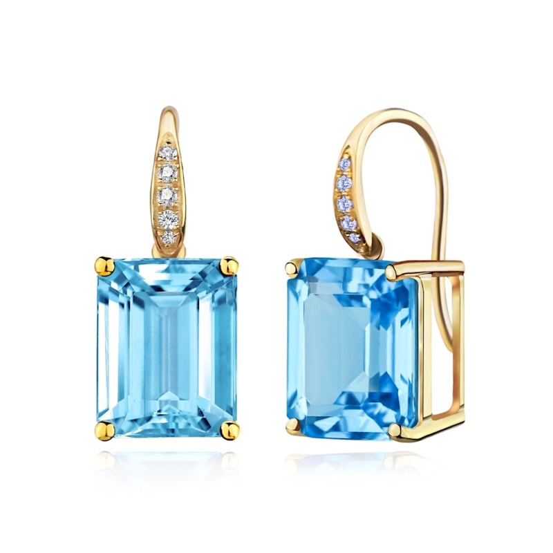 Thumbnail of Solid Gold Natural Emerald-Cut Topaz & Diamond Drop Earrings image