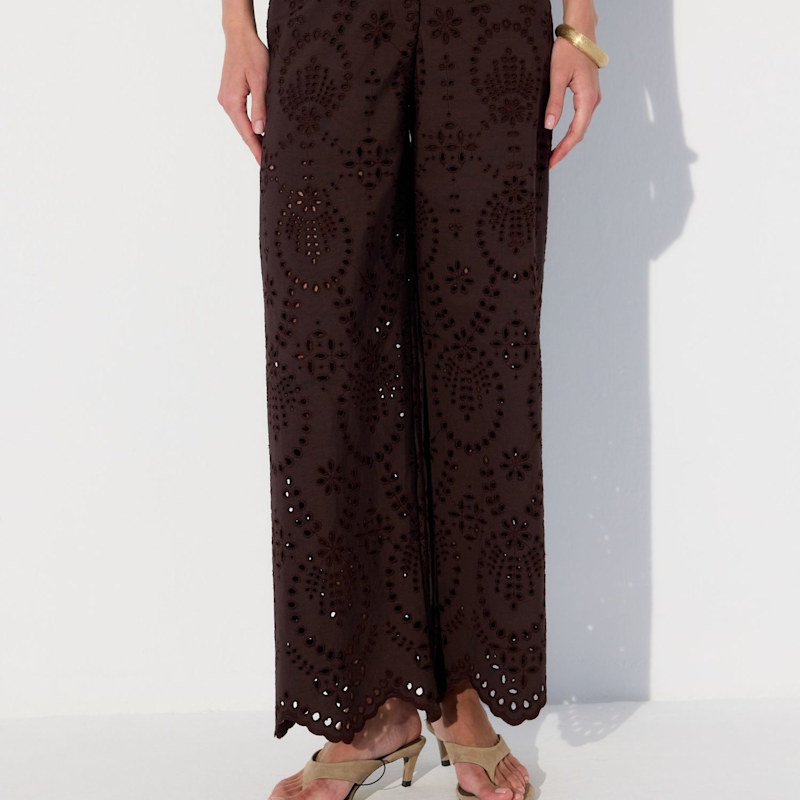 Thumbnail of Solstice Pant - High Waist Wide Leg Broderie Pant - Dark Chocolate image