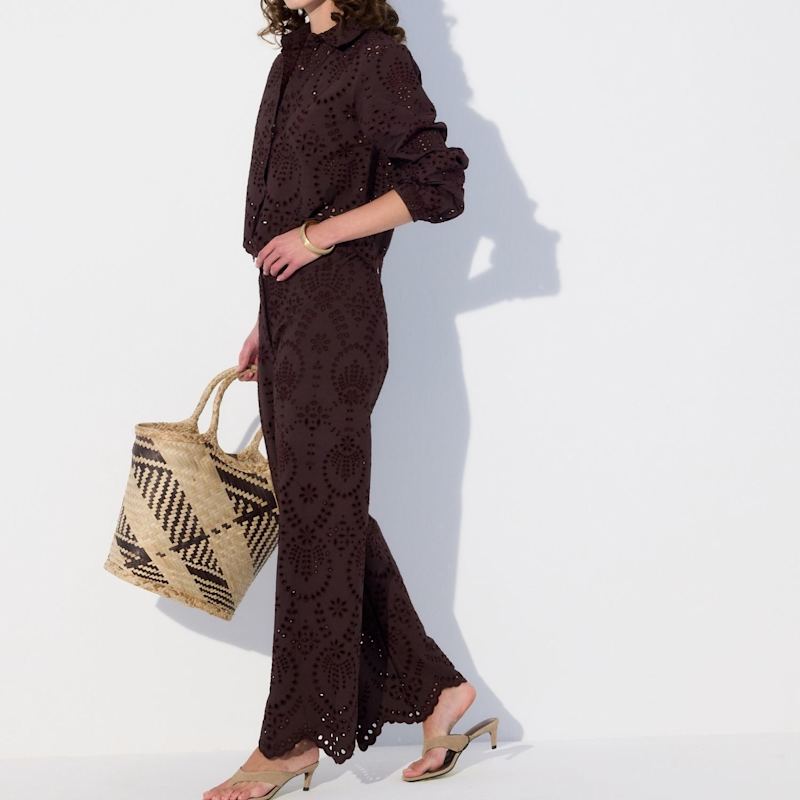 Thumbnail of Solstice Pant - High Waist Wide Leg Broderie Pant - Dark Chocolate image