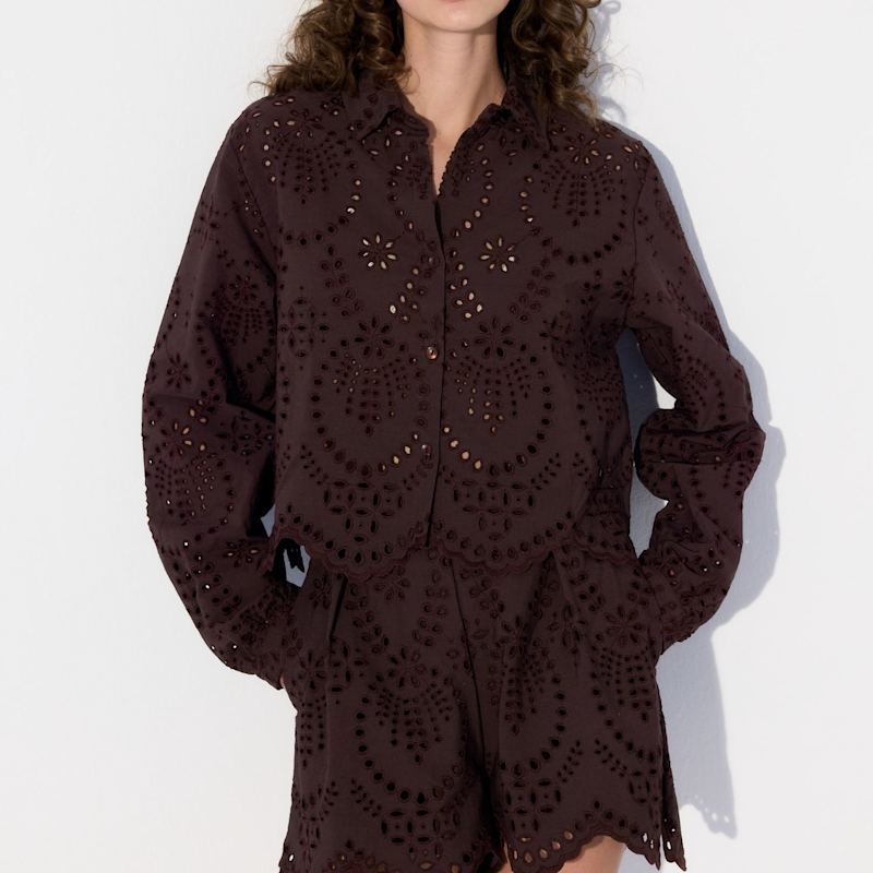Thumbnail of Solstice Shirt - Relaxed Fit Broderie Shirt - Dark Chocolate image