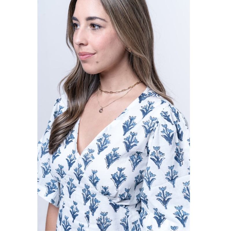 House Of Gl Hand-block Printed Cotton Fit & Flare Dress With Open Back - White/blue
