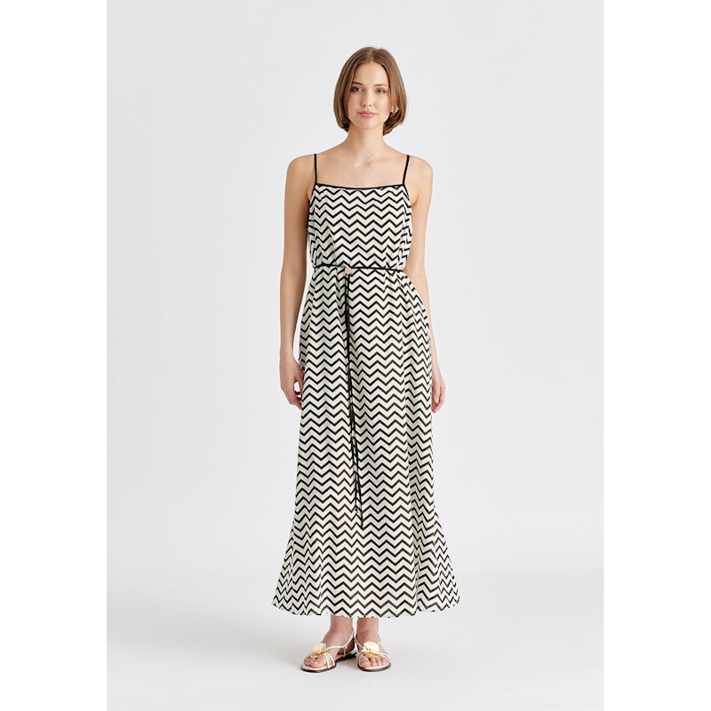 Thumbnail of Spaghetti Strap Swing Dress In Zigzag Pattern In White And Black image