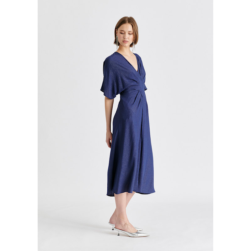 Thumbnail of Sparkled Midi Wrap Dress With Pleated Details In Navy image