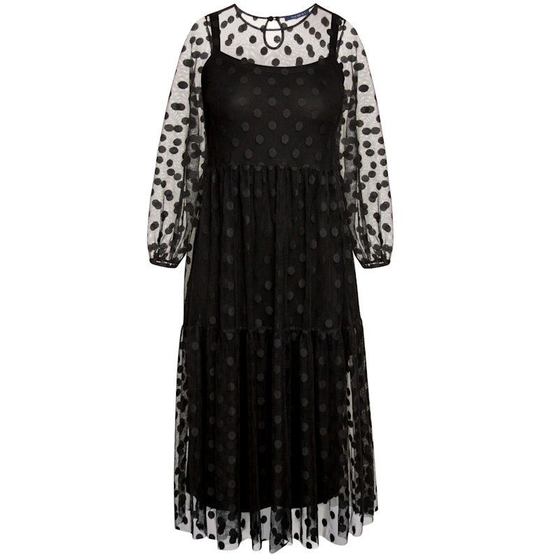 Splendid Black Midi Cocktail Dress With Chic Polka Dot Mesh