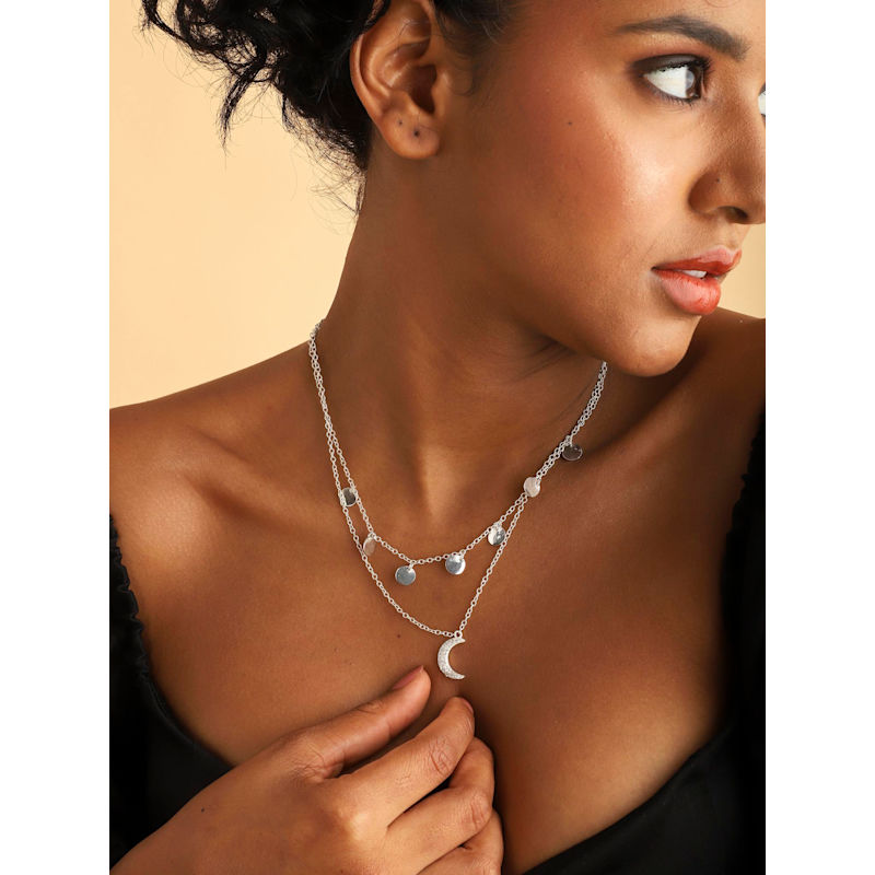 Thumbnail of Celestial Double Layer Necklace Silver Crecent Cz Moon image