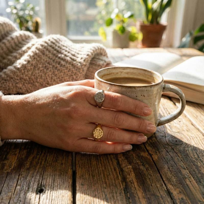 Thumbnail of Star Sun Stackable Sterling Silver Signet Ring - Gold image