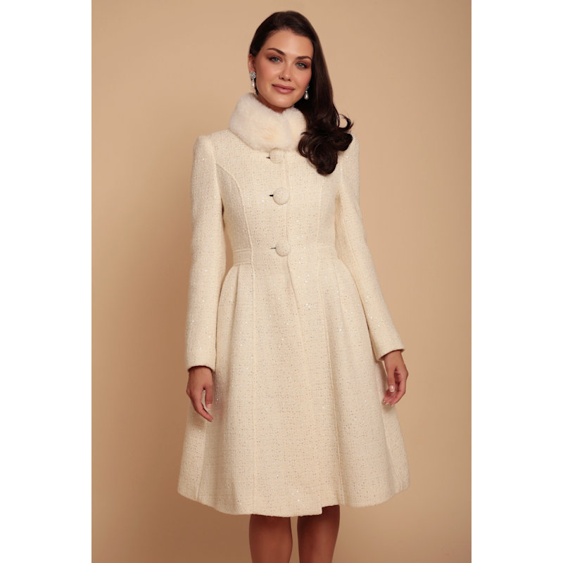 Starlet Wool Tweed Dress Coat With Faux Fur In Crema | Santinni