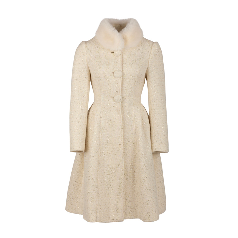 スカート Lumignon Tweed pocket fur dress Starlet Wool Tweed Dress Coat With Faux Fur In Crema | Santinni
