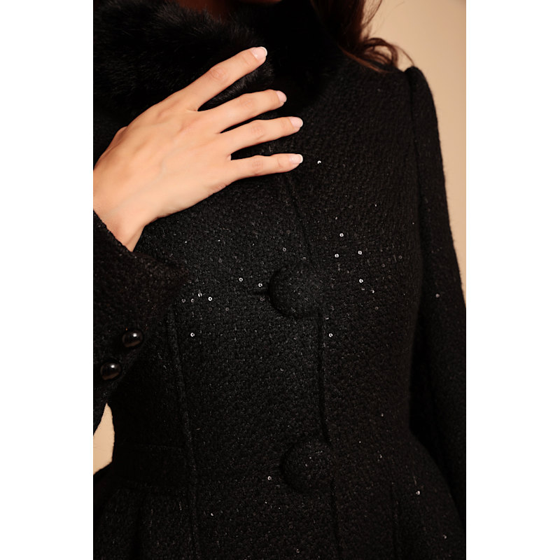 Thumbnail of Starlet Wool Tweed Dress Coat With Faux Fur In Nero image