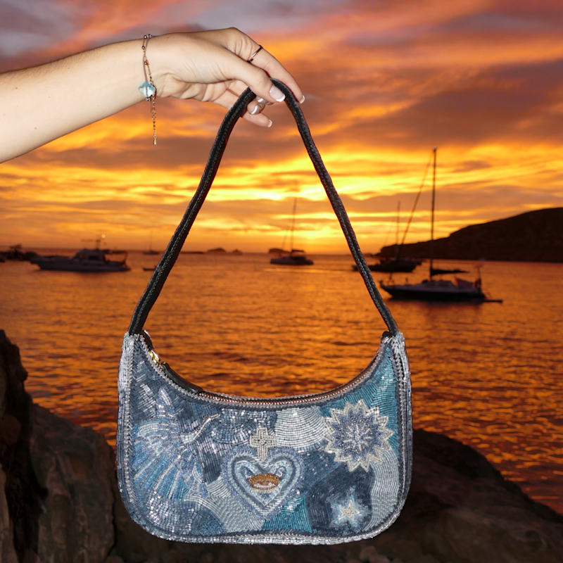 Thumbnail of Blue Beaded Evening Shoulder Bag With Celestial Star Embroidery And Embellished Details image