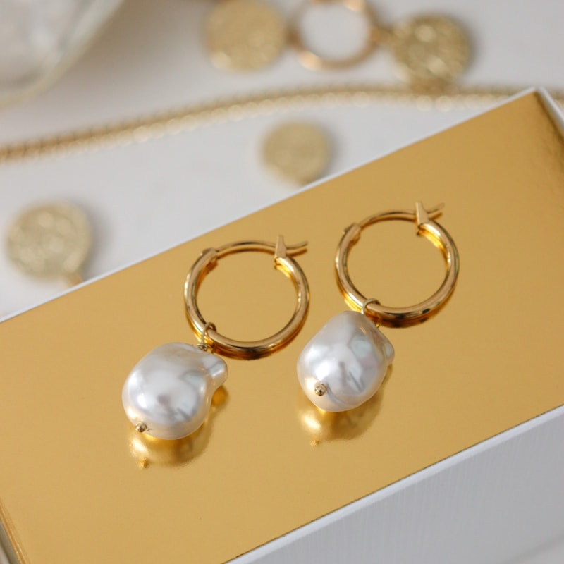 Thumbnail of Steel Me Yellow Gold Baroque Pearl Hoop Earrings image