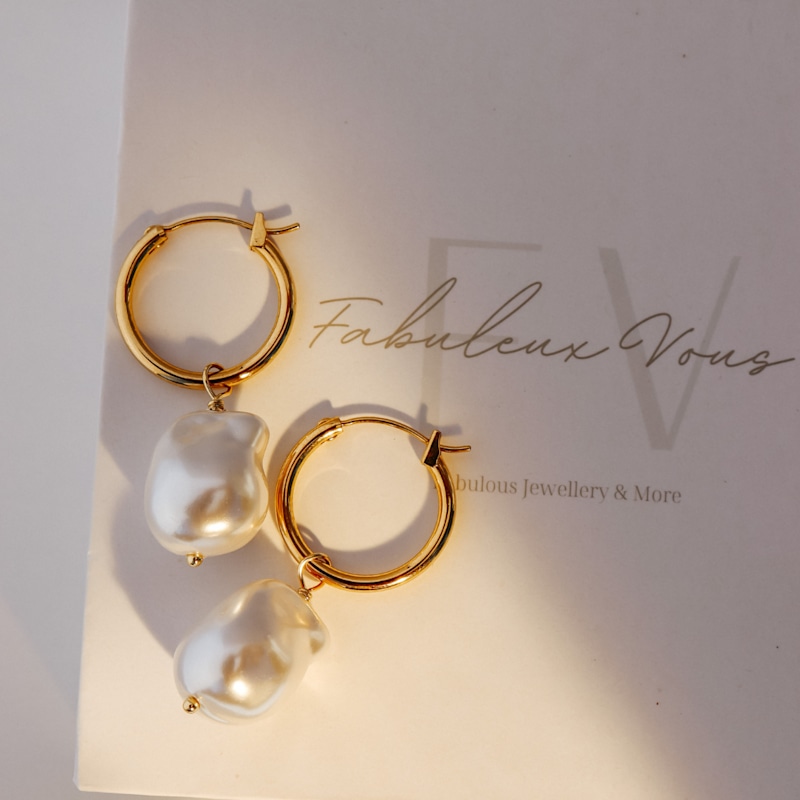 Thumbnail of Steel Me Yellow Gold Baroque Pearl Hoop Earrings image
