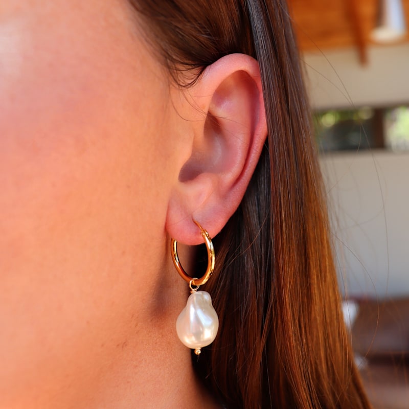 Thumbnail of Steel Me Yellow Gold Baroque Pearl Hoop Earrings image
