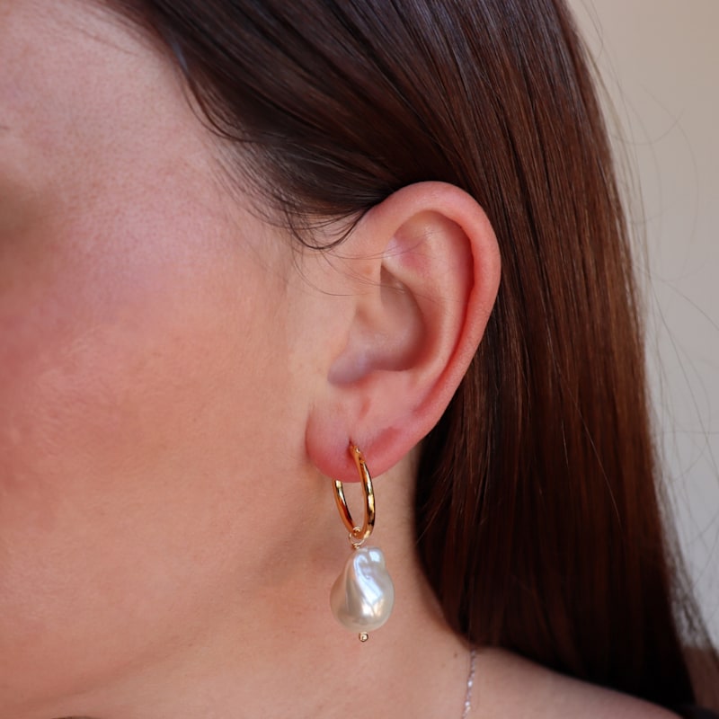 Thumbnail of Steel Me Yellow Gold Baroque Pearl Hoop Earrings image