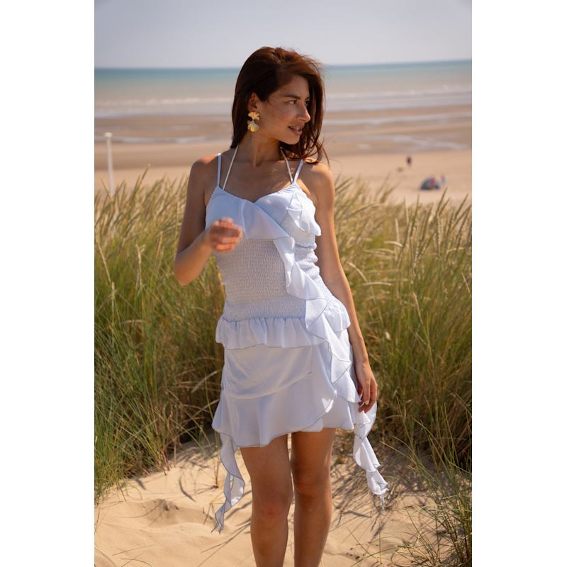 Stefania Blue Draped Ruffles Top | AMY LYNN | Wolf & Badger
