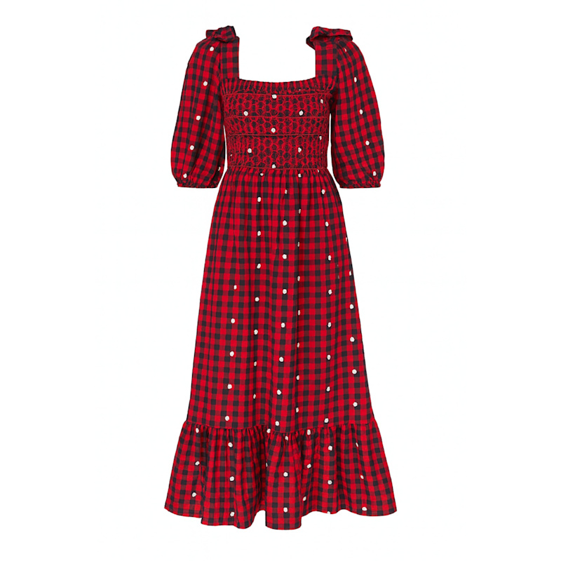 strapless open back dress Nadine Halter Chiffon Maxi Dress - Ivory/Merlot Polka Dot
