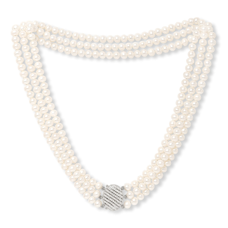 Thumbnail of Stella Triple Strand Cultured Freshwater Pearl Necklace With Vintage Style Oval Pave image
