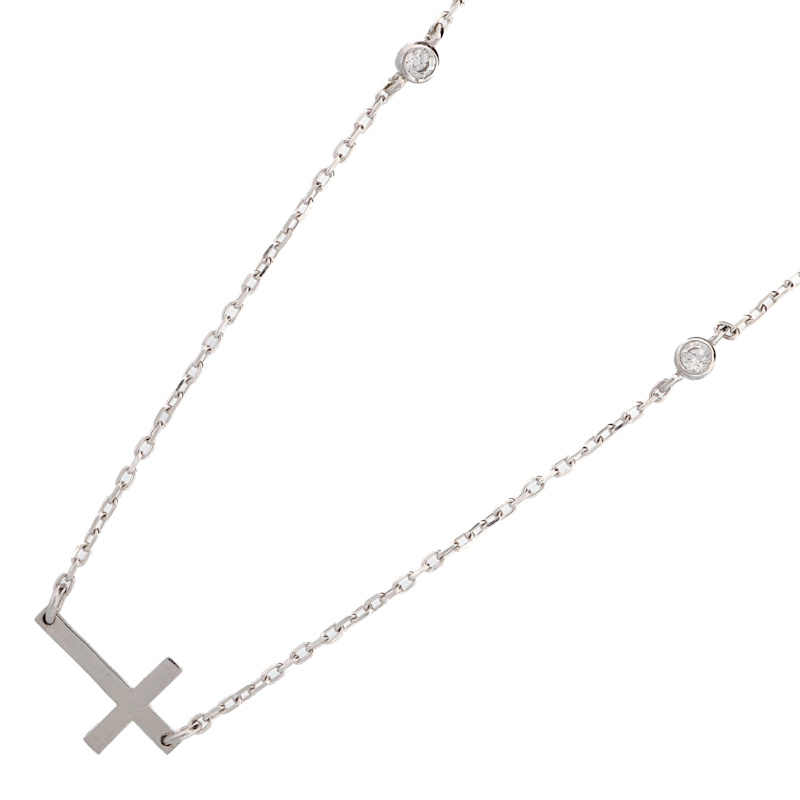 Thumbnail of Sterling Silver Cross Charm & Diamond Chain Necklace - Silver image