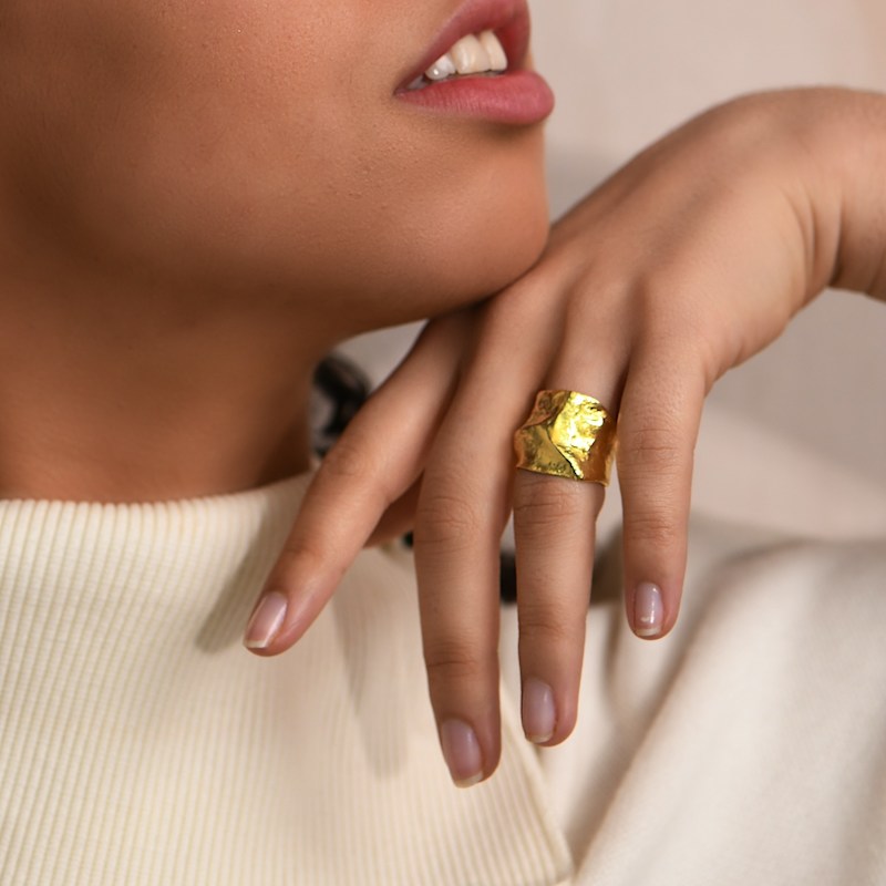 Thumbnail of Sterling Silver Gold Vermeil Nevis Textured Organic Shaped Chunky Ring Adjustable image