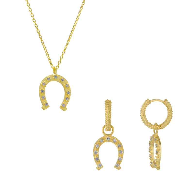 Thumbnail of Sterling Silver Horseshoe Equestrian Necklace & Earring Set - Gold image