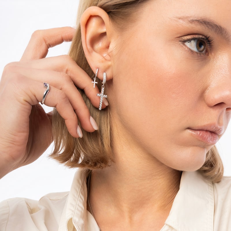 Thumbnail of Sterling Silver Huggie Pave Cross Drop Earring - Silver` image