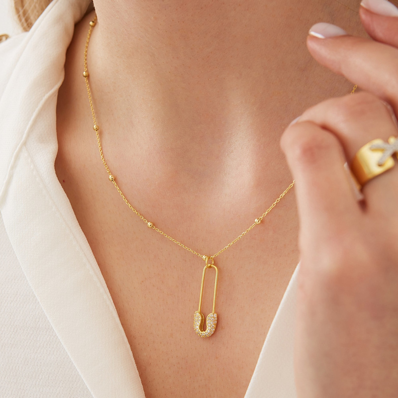 Thumbnail of Sterling Silver Jewelled Safety Pin Necklace With Beaded Chain & Earring Set - Gold image