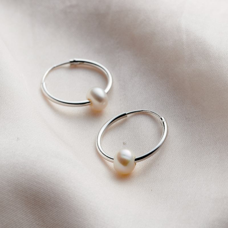 Thumbnail of Sterling Silver Pearl Hoop Earrings image
